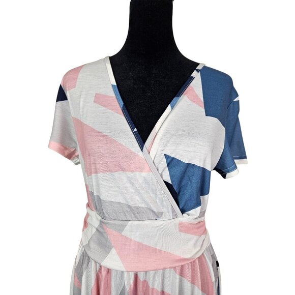 Womens Abstract Print V-Neck Short Sleeve Wrap Midi Dress Size M Casual Everyday - Picture 5 of 15